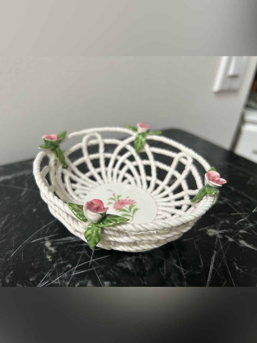 Spain LEVANTE White Trinket Dish Basket with Pink Rose Accent Handpainted Floral